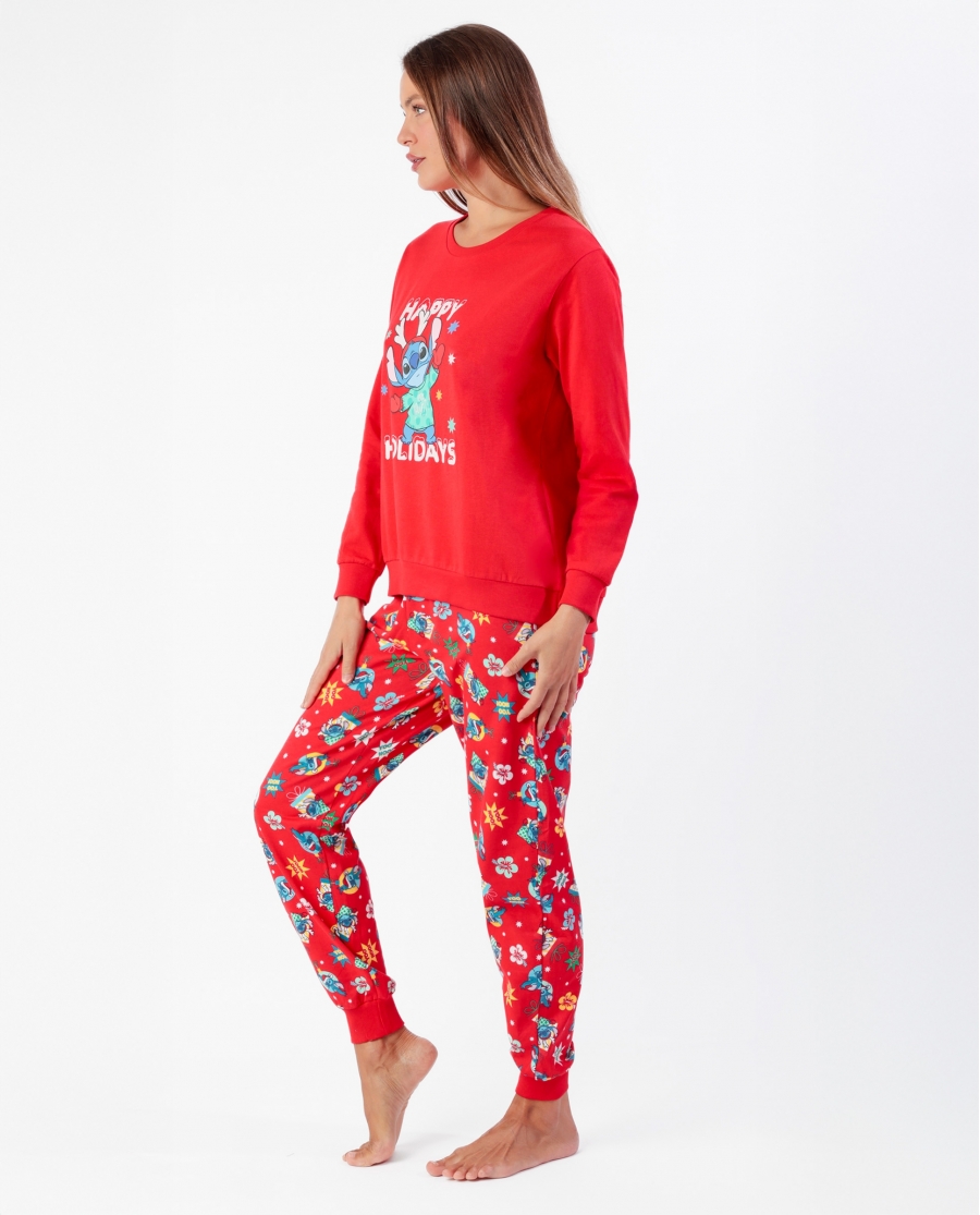 DISNEY Pijama Manga Larga Stitch Happy Holidays para Mujer ROJO
