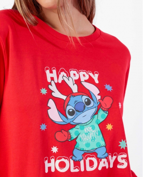 DISNEY Pijama Manga Larga Stitch Happy Holidays para Mujer ROJO 2