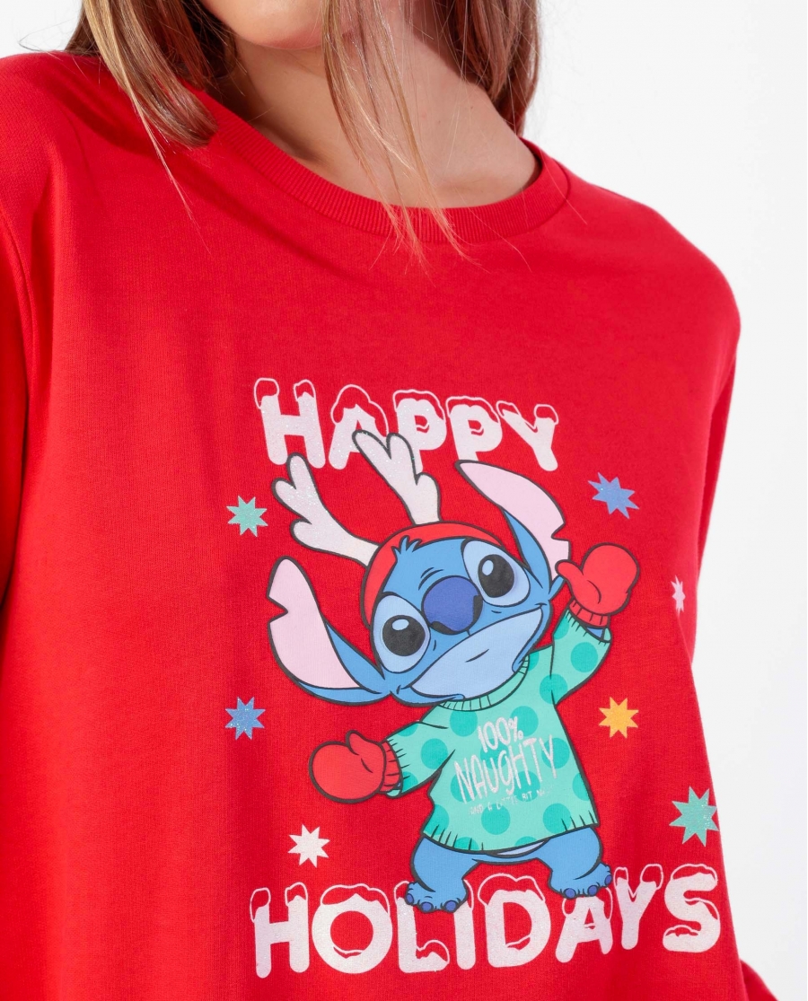 DISNEY Pijama Manga Larga Stitch Happy Holidays para Mujer ROJO