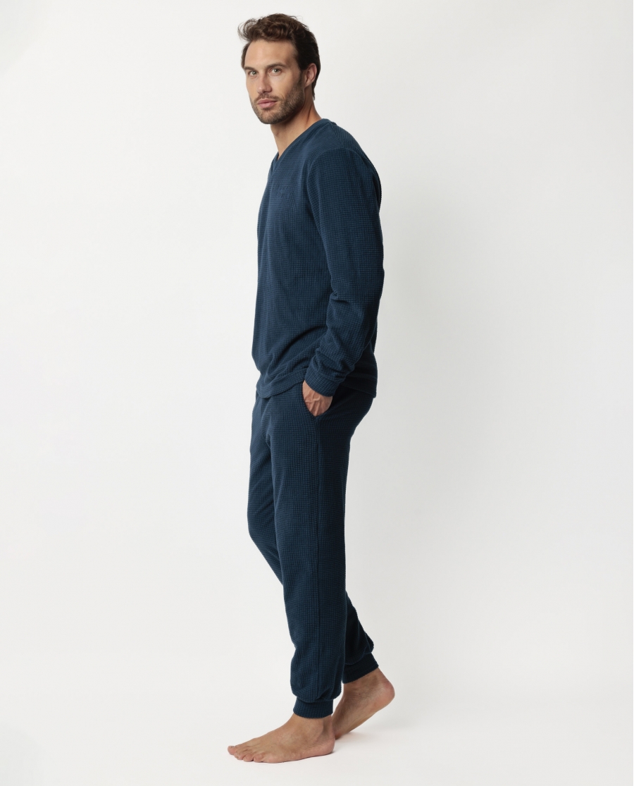 ADMAS HOME Pijama Manga Larga Checks Texture para Hombre AZUL