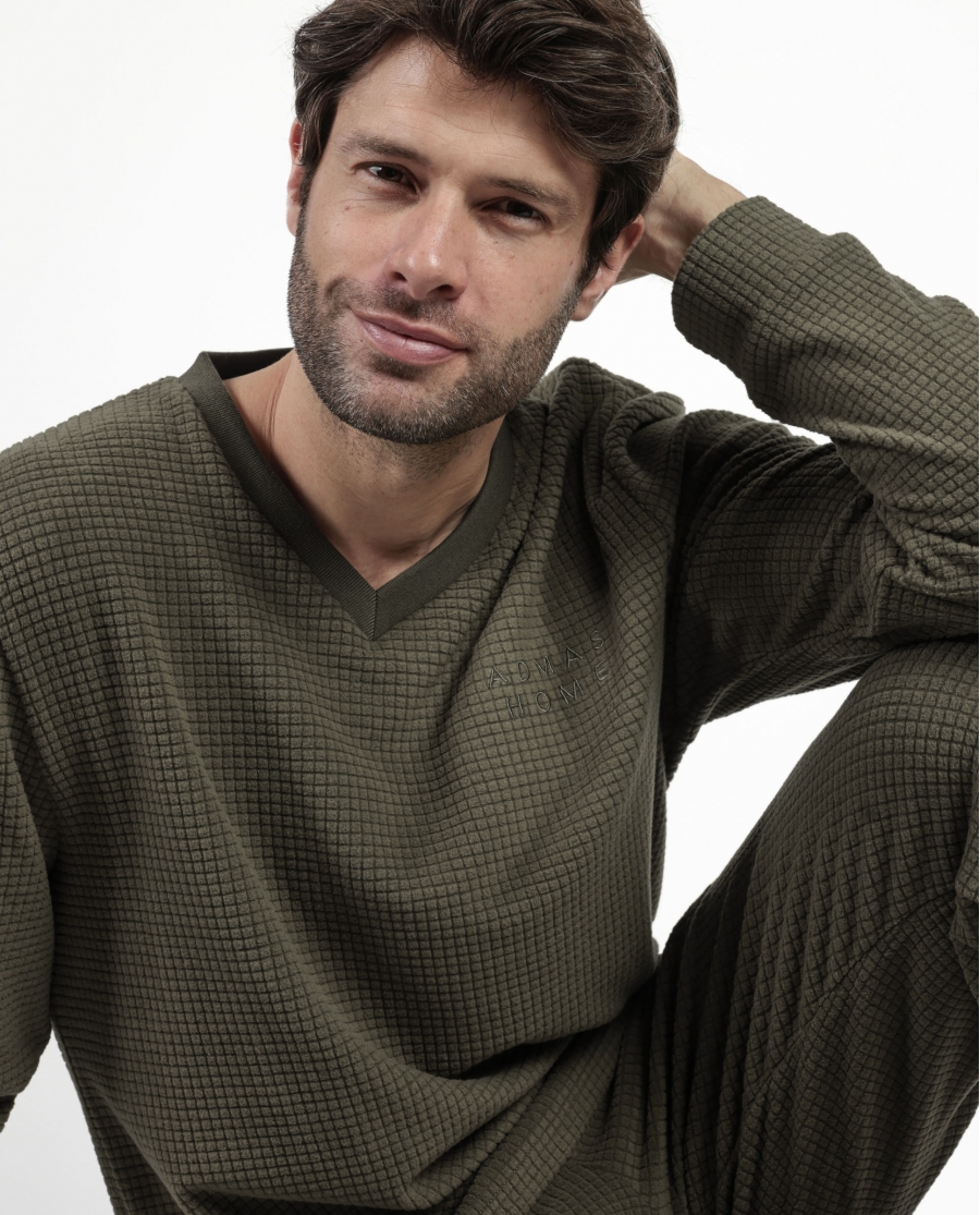 ADMAS HOME Pijama Manga Larga Checks Texture para Hombre CAQUI