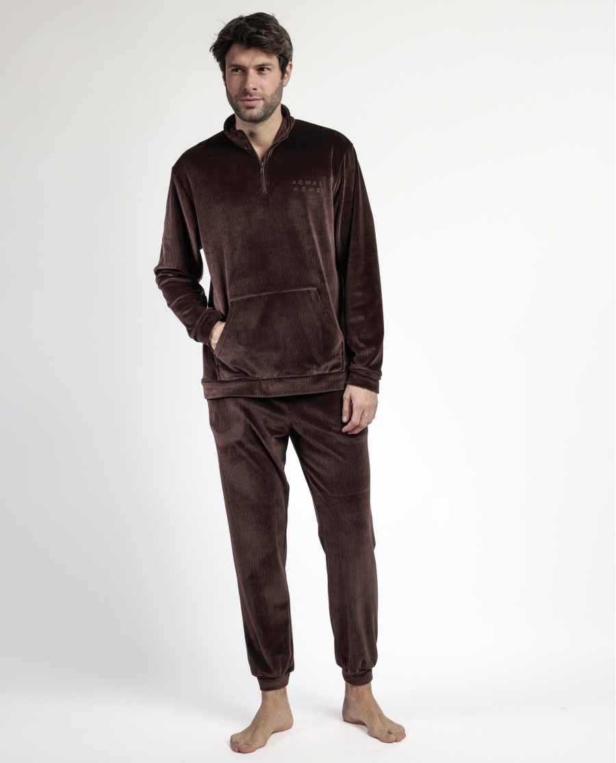 ADMAS HOME Pijama Manga Larga Terciopelo Cuello Alto Corduroy para Hombre MARRON