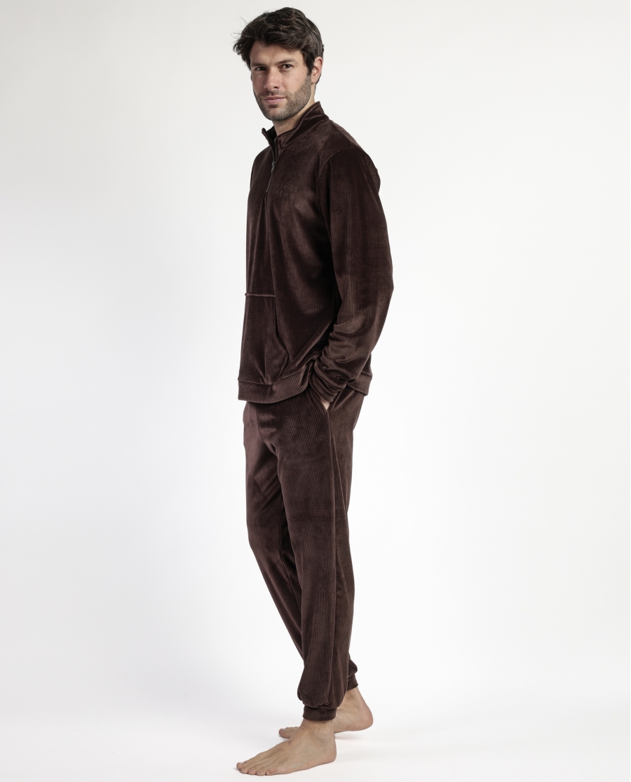 ADMAS HOME Pijama Manga Larga Terciopelo Cuello Alto Corduroy para Hombre MARRON
