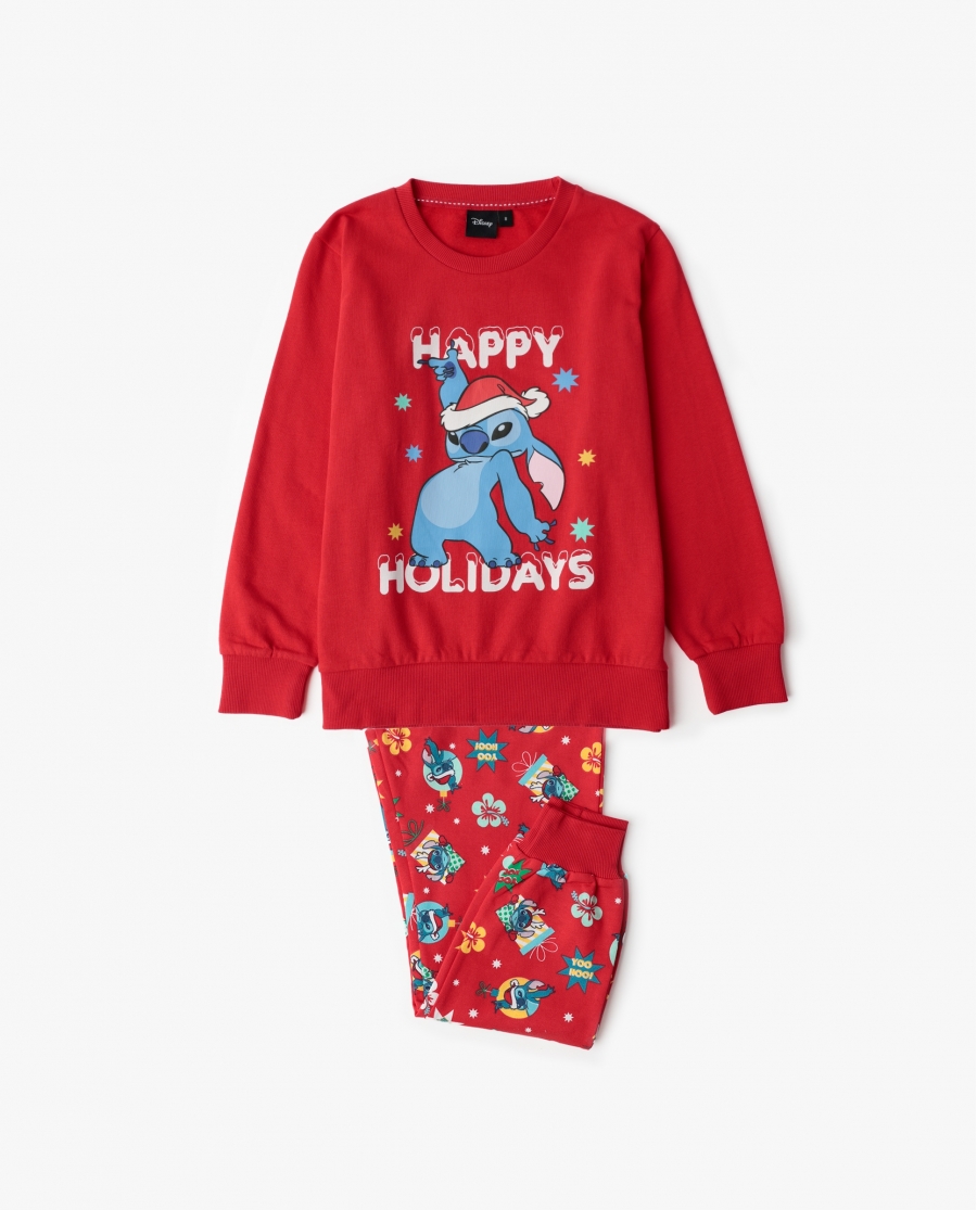 DISNEY Pijama Manga Larga Stitch Happy Holidays para Niño ROJO