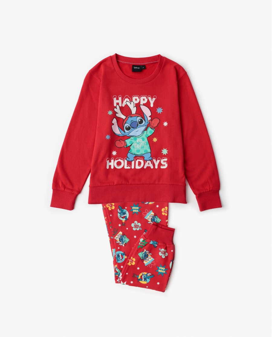DISNEY Pijama Manga Larga Stitch Happy Holidays para Niña ROJO
