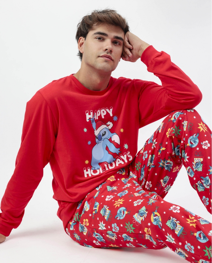 DISNEY Pijama Manga Larga Stitch Happy Holidays para Hombre ROJO