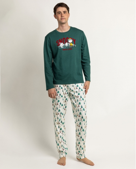 PEANUTS Pijama Manga Larga Snoopy Mountain para Hombre VERDE