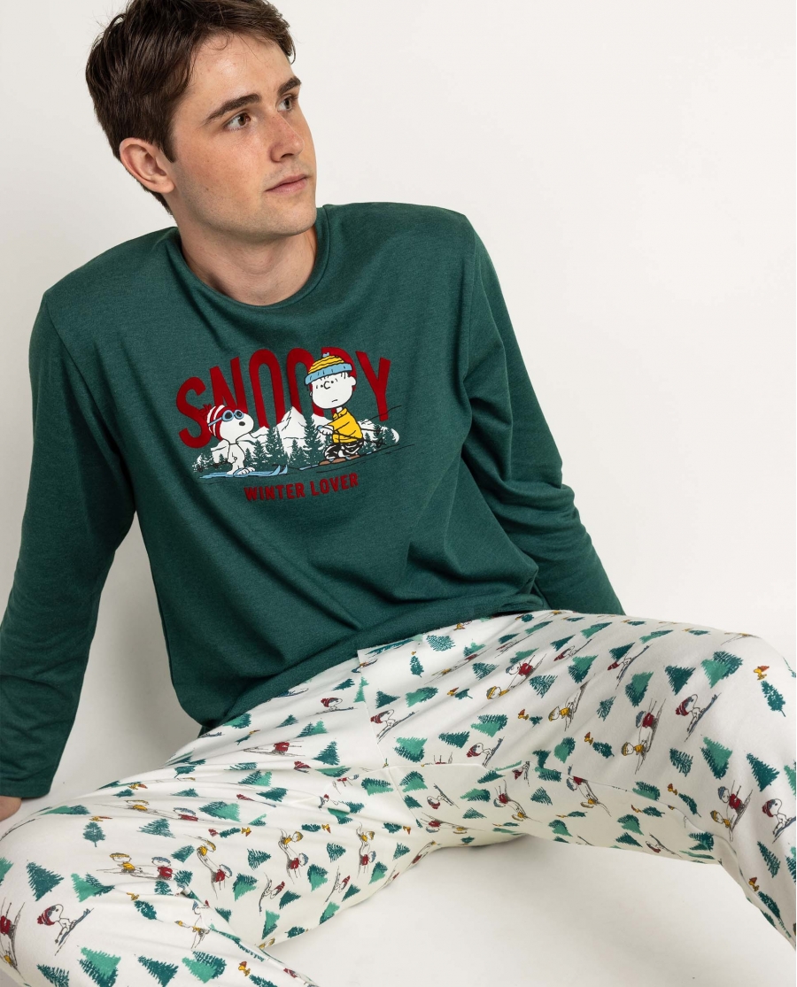 PEANUTS Pijama Manga Larga Snoopy Mountain para Hombre VERDE