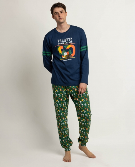 PEANUTS Pijama Manga Larga Winter Sports para Hombre MARINO
