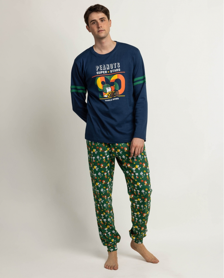 PEANUTS Pijama Manga Larga Winter Sports para Hombre MARINO