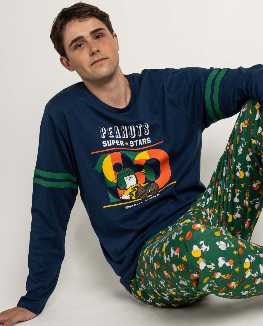 PEANUTS Pijama Manga Larga Winter Sports para Hombre MARINO