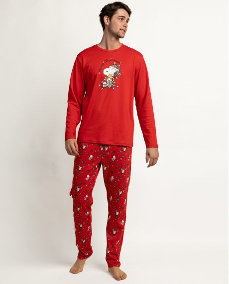 PEANUTS Pijama Manga Larga Merry Snoopy para Hombre ROJO