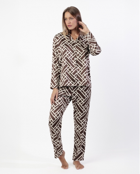ADMAS LUXURY Pijama Manga Larga Luxe Geometric para Mujer CHOCOLATE
