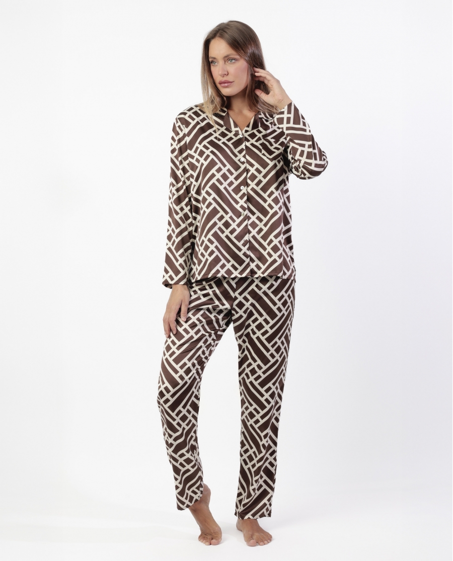 ADMAS LUXURY Pijama Manga Larga Luxe Geometric para Mujer CHOCOLATE