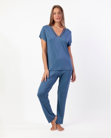 ADMAS CLASSIC Pijama Manga Corta Guipur Fresh Air para Mujer AZUL