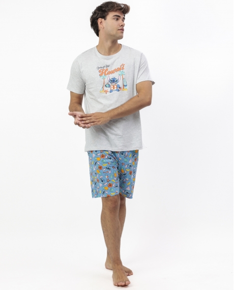DISNEY Pijama Manga Corta Stitch Beach para Hombre GRIS JASPE