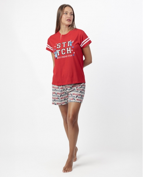 DISNEY Pijama Manga Corta Stitch University para Mujer ROJO