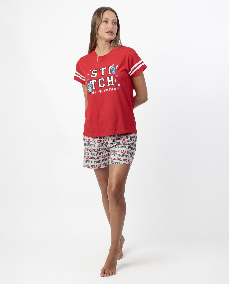 DISNEY Pijama Manga Corta Stitch University para Mujer ROJO