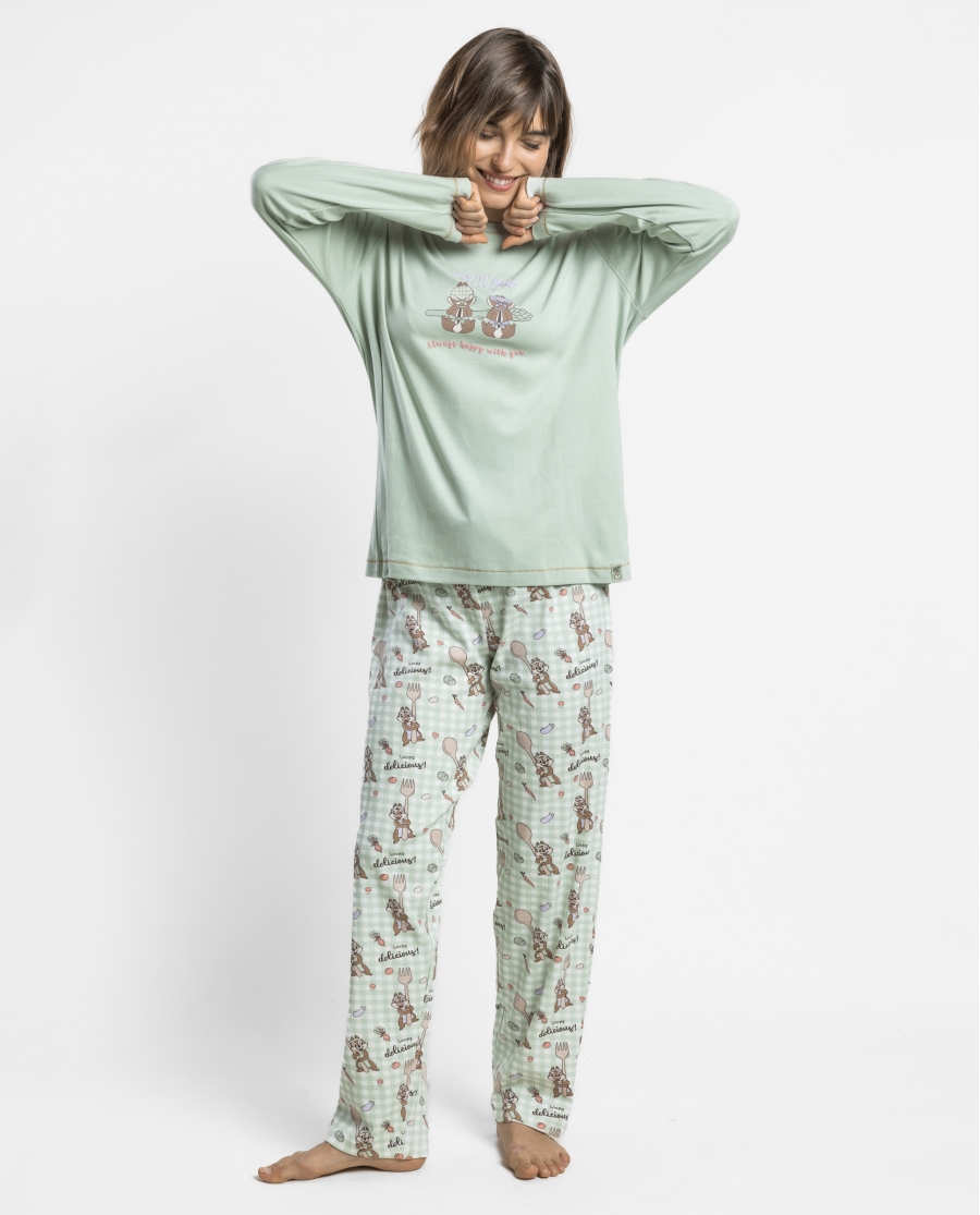 DISNEY Pijama Manga Larga Chip & Dale Green Vichy para Mujer VERDE