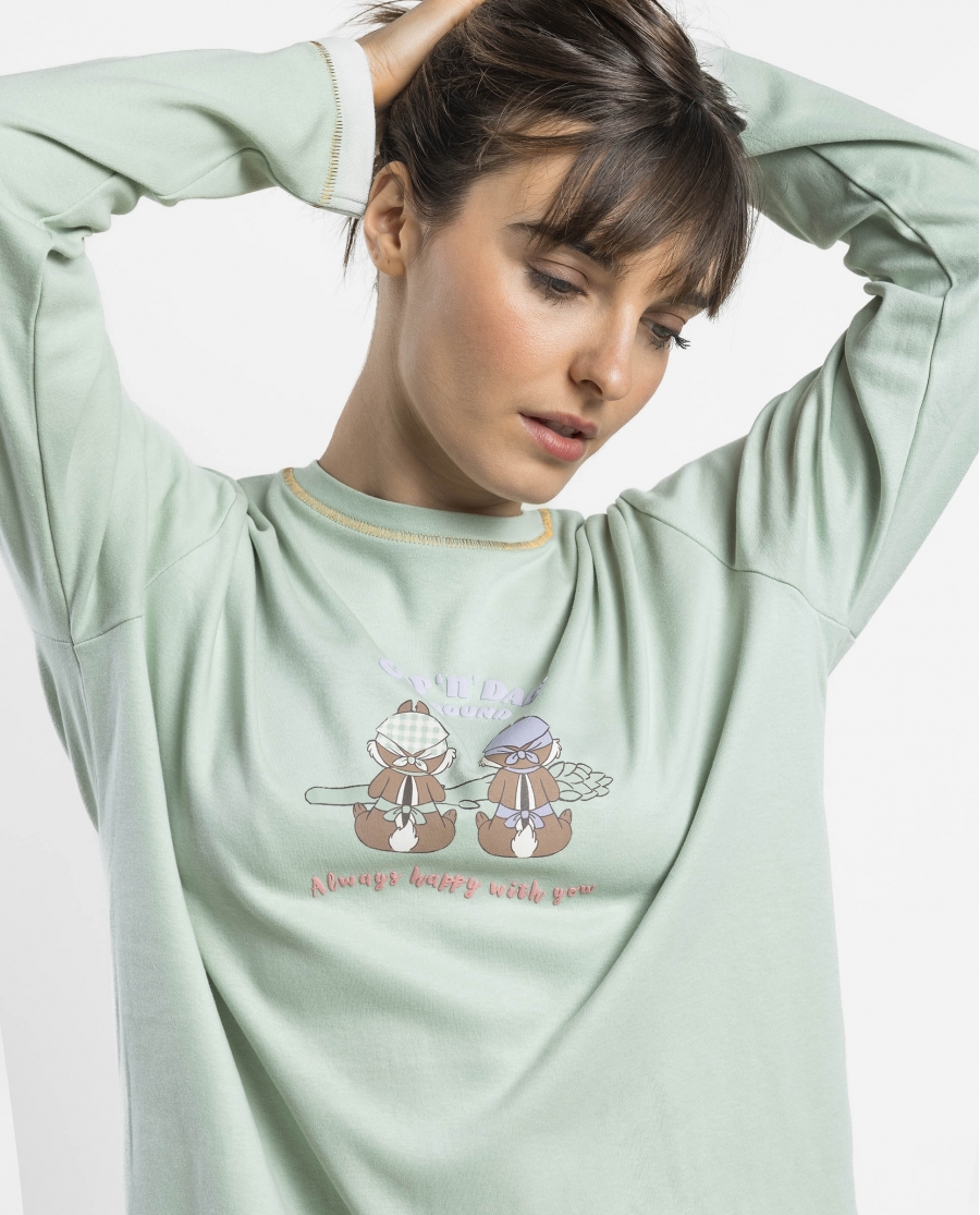 DISNEY Pijama Manga Larga Chip & Dale Green Vichy para Mujer VERDE