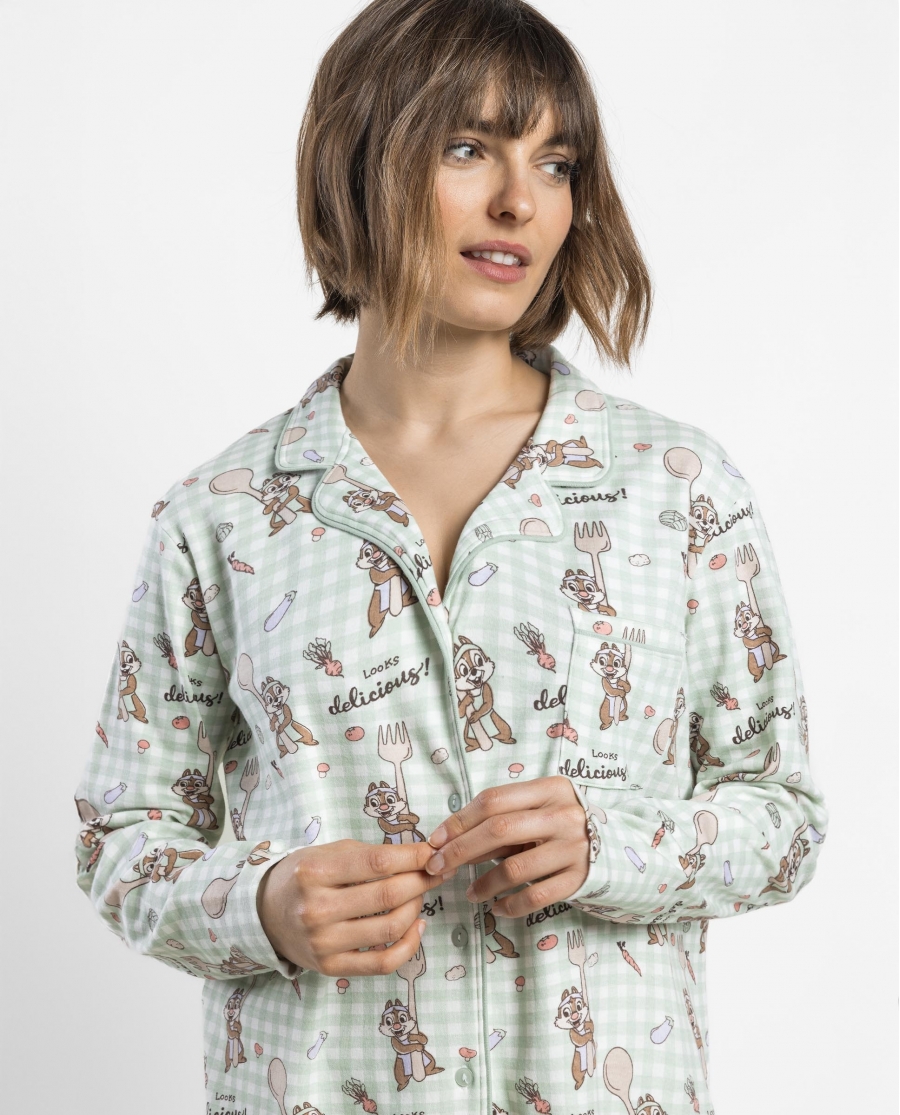 DISNEY Pijama Abierto Manga Larga Chip & Dale Green Vichy para Mujer VERDE