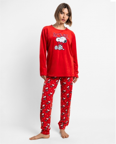 PEANUTS Pijama Manga Larga Velvet Love Snoopy para Mujer ROJO