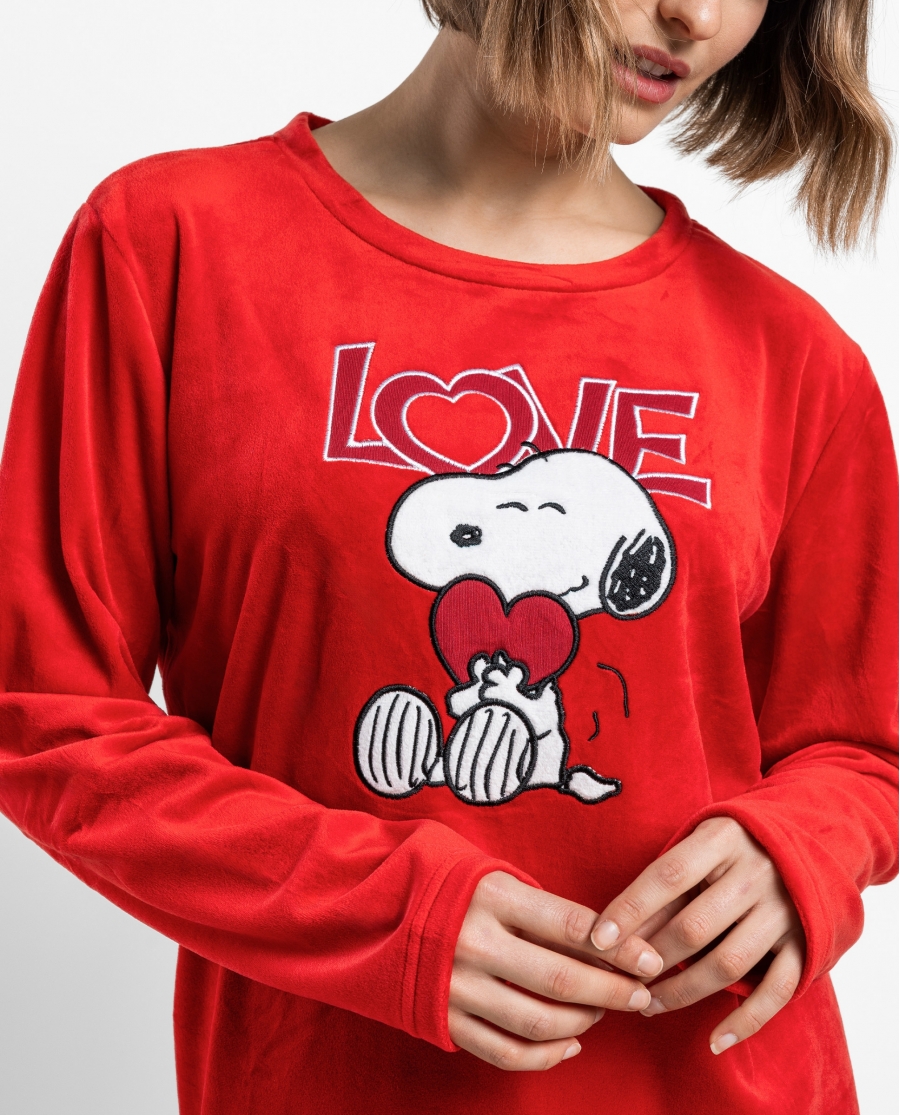 PEANUTS Pijama Manga Larga Velvet Love Snoopy para Mujer ROJO