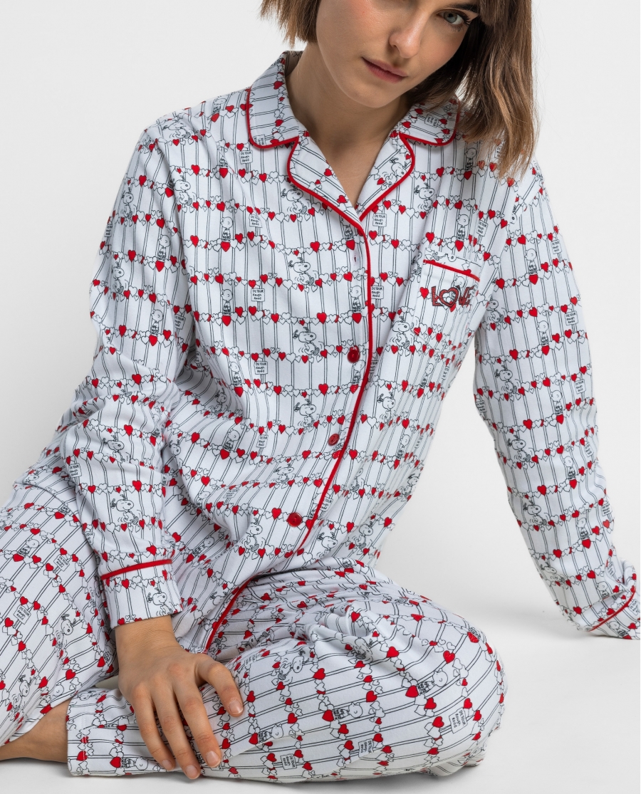 PEANUTS Pijama Abierto Manga Larga Love Snoopy para Mujer ROJO