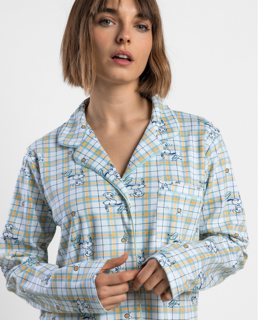 PEANUTS Pijama Abierto Manga Larga One Smart Cookie para Mujer AZUL