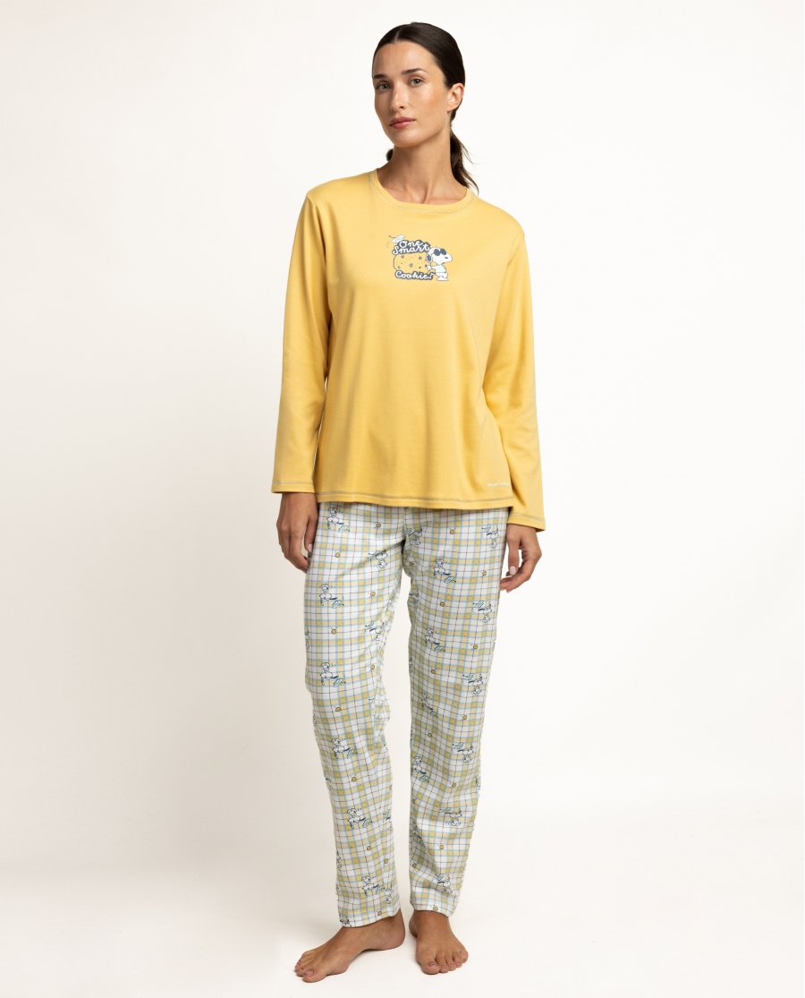 PEANUTS Pijama Manga Larga One Smart Cookie para Mujer MOSTAZA
