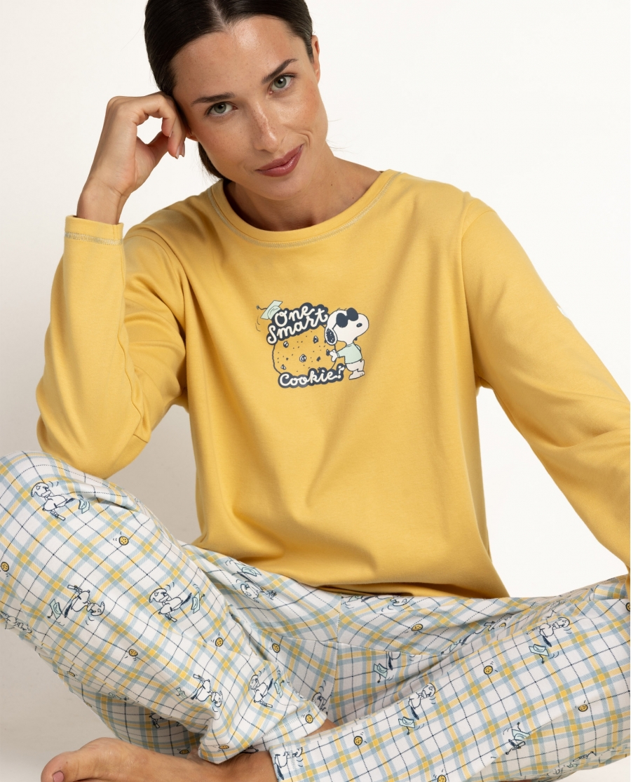 PEANUTS Pijama Manga Larga One Smart Cookie para Mujer MOSTAZA