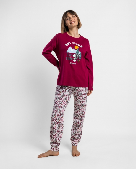 PEANUTS Pijama Manga Larga Ski Club para Mujer CEREZA