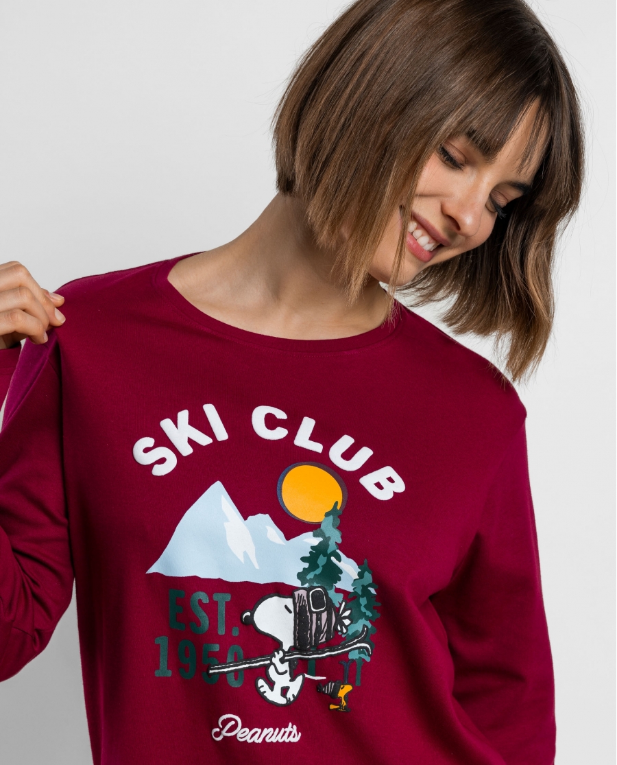 PEANUTS Pijama Manga Larga Ski Club para Mujer CEREZA