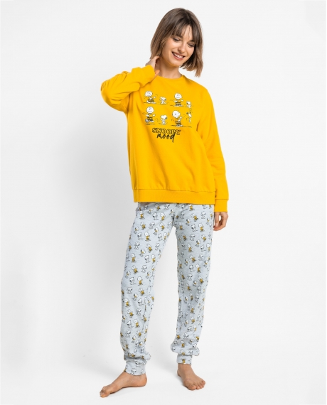 PEANUTS Pijama Manga Larga Felpa Snoopy Mood para Mujer AMARILLO