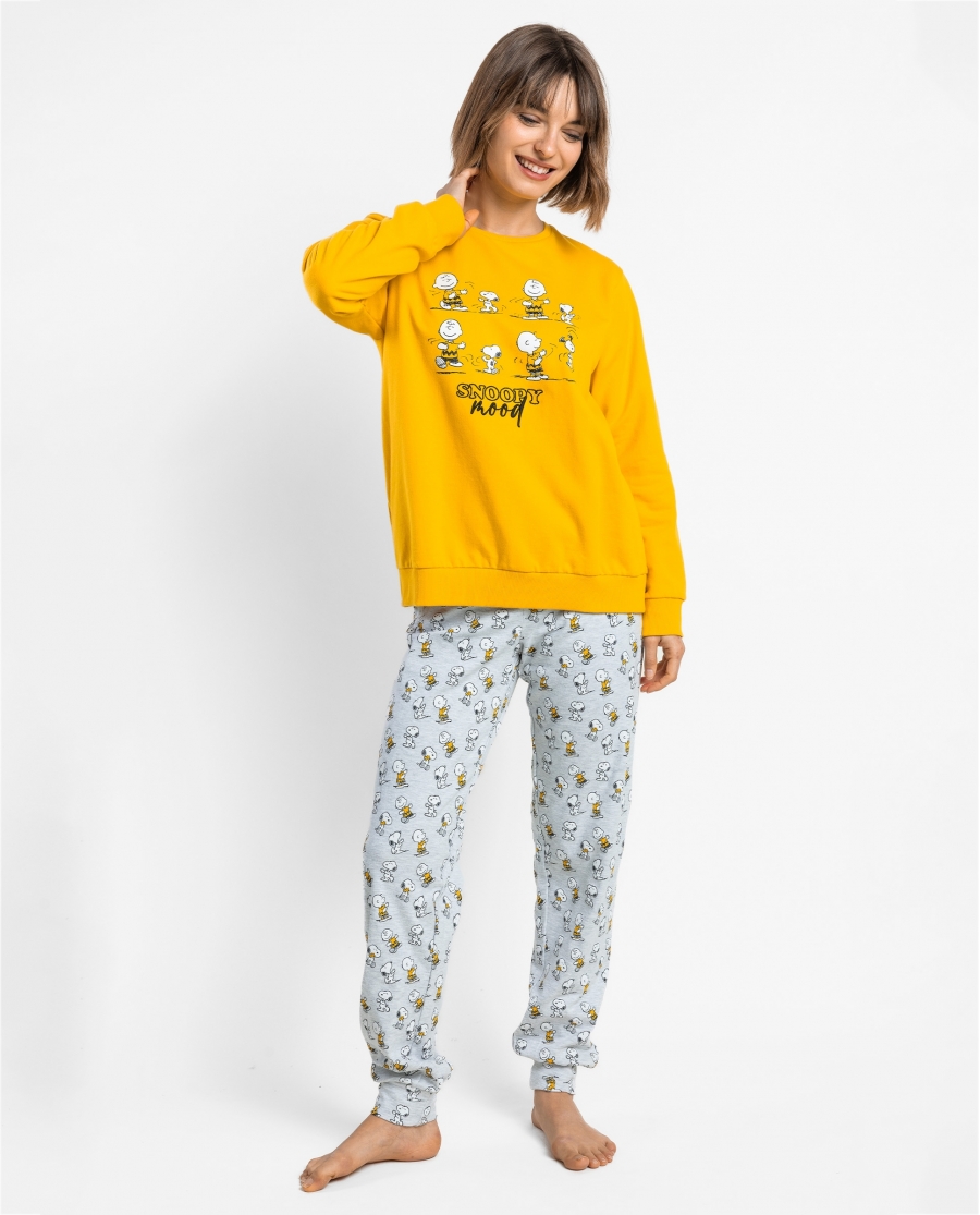 PEANUTS Pijama Manga Larga Felpa Snoopy Mood para Mujer AMARILLO