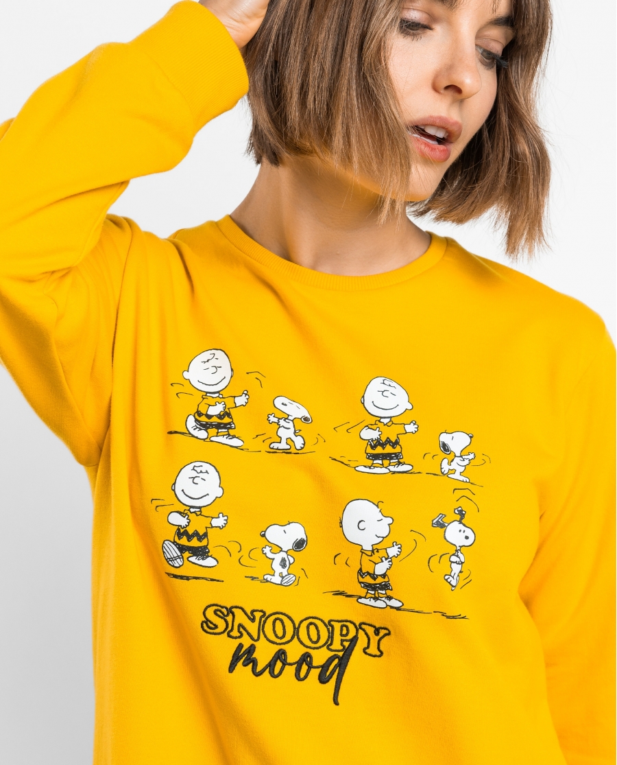 PEANUTS Pijama Manga Larga Felpa Snoopy Mood para Mujer AMARILLO