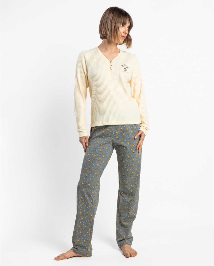 PEANUTS Pijama Manga Larga Canalé Time To Be Myself para Mujer VAINILLA