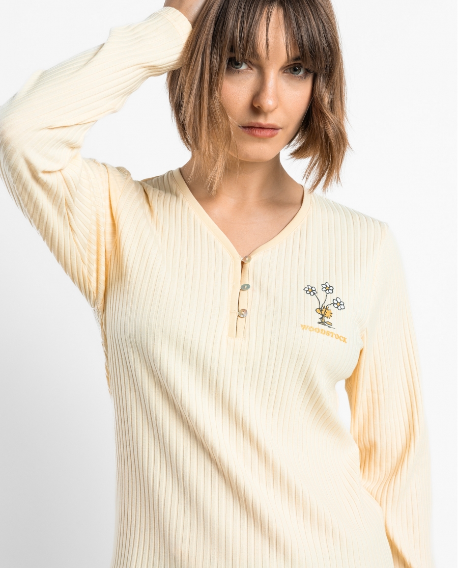 PEANUTS Pijama Manga Larga Canalé Time To Be Myself para Mujer VAINILLA