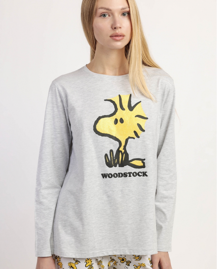 PEANUTS Pijama Manga Larga Woodstock para Mujer GRIS JASPE