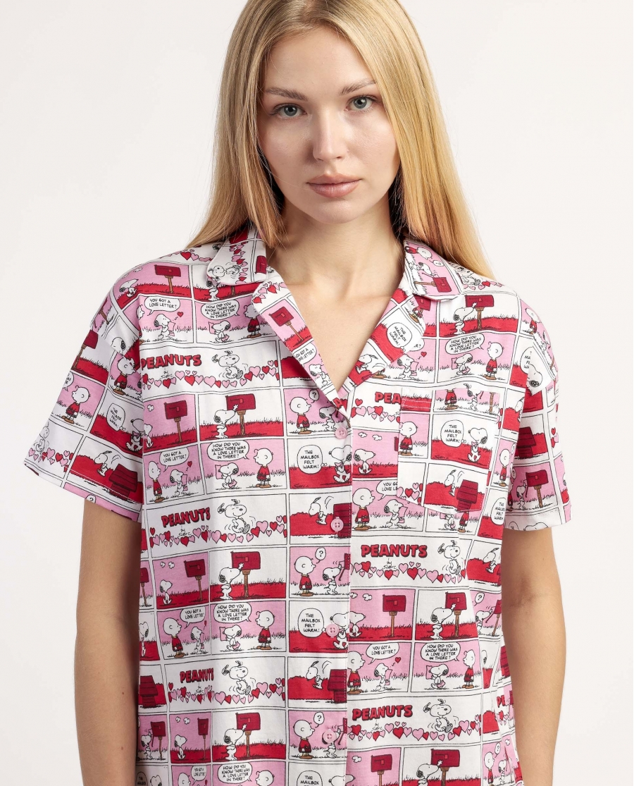 PEANUTS Pijama Abierto Manga Corta Love Valentines para Mujer ROJO