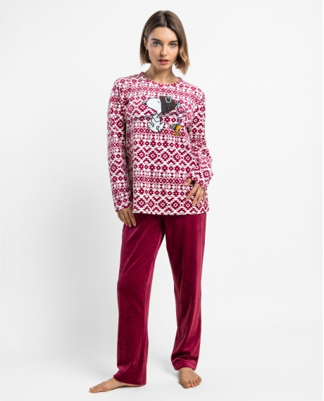 PEANUTS Pijama Manga Larga Velvet Ski Club para Mujer CEREZA