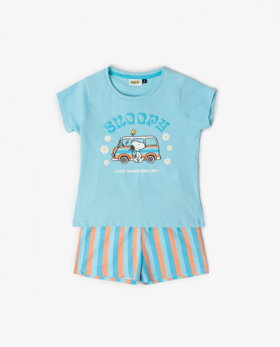 PEANUTS Pijama Manga Corta Snoopy Van para Niña AZUL