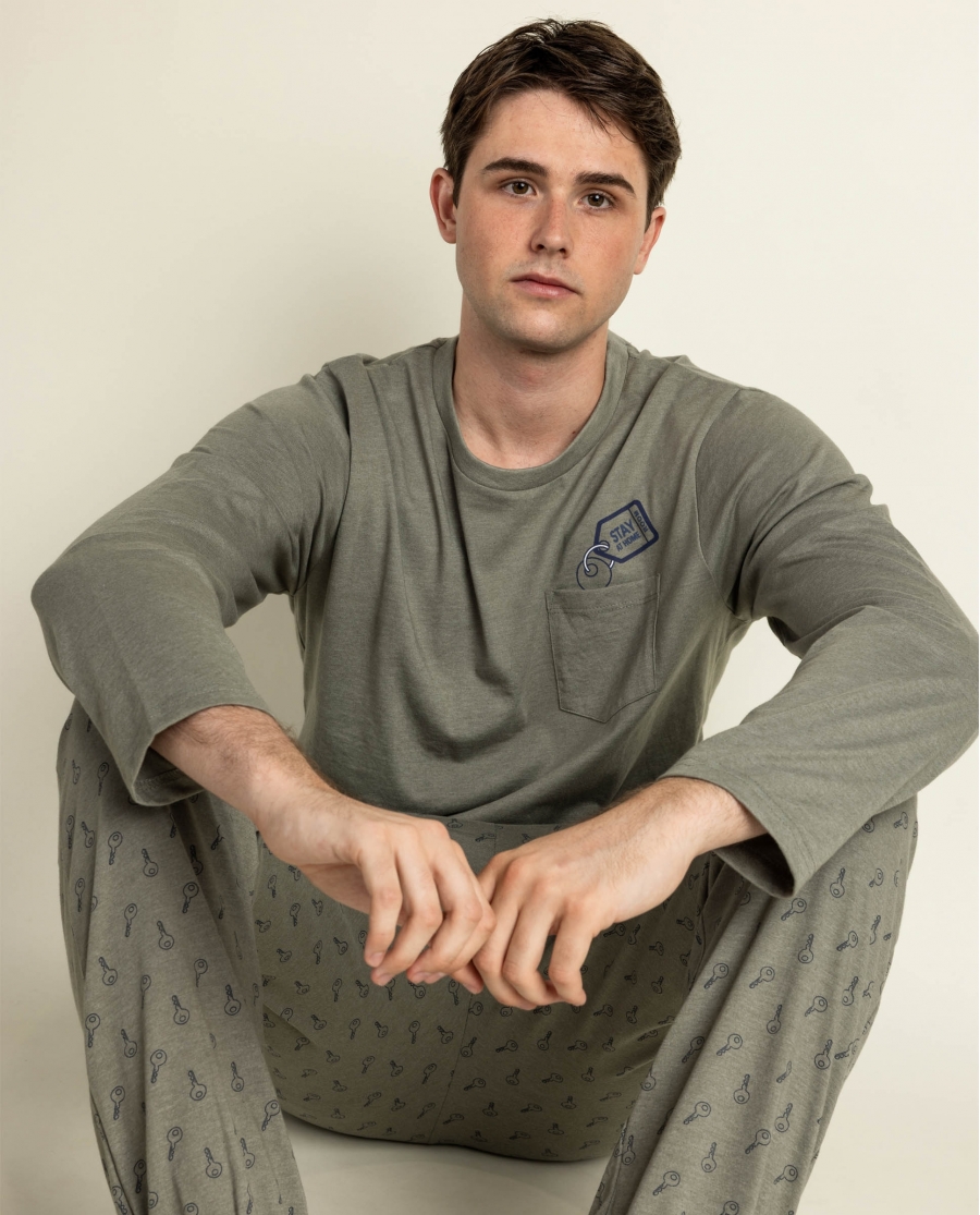 STAY AT HOME Pijama Manga Larga Keys para Hombre CAQUI