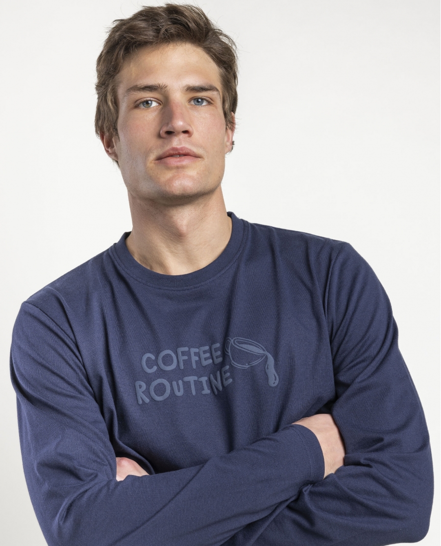 STAY AT HOME Pijama Manga Larga Coffee Routine para Hombre MARINO