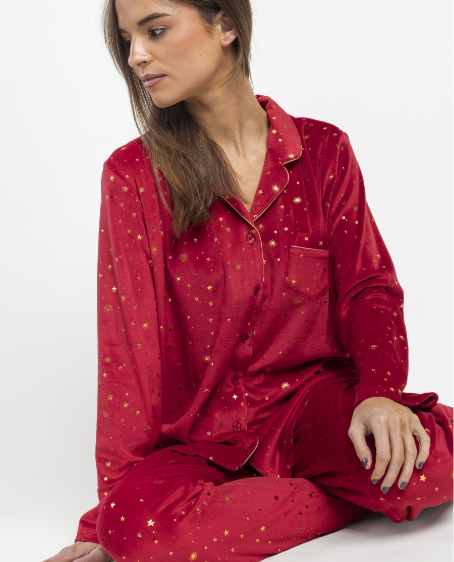 ADMAS CLASSIC Pijama Abierto Manga Larga Night Stars para Mujer ROJO