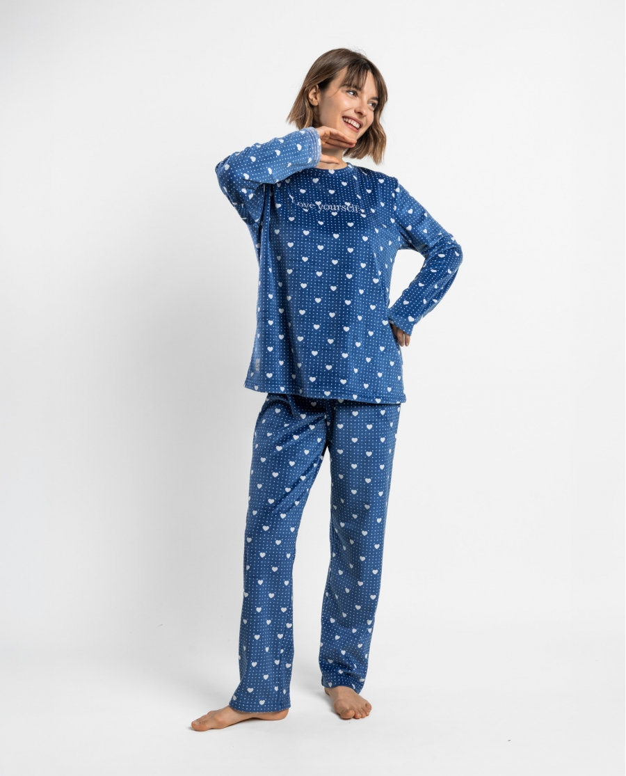 ADMAS Pijama Manga Larga Velvet Love Yourself para Mujer AZUL