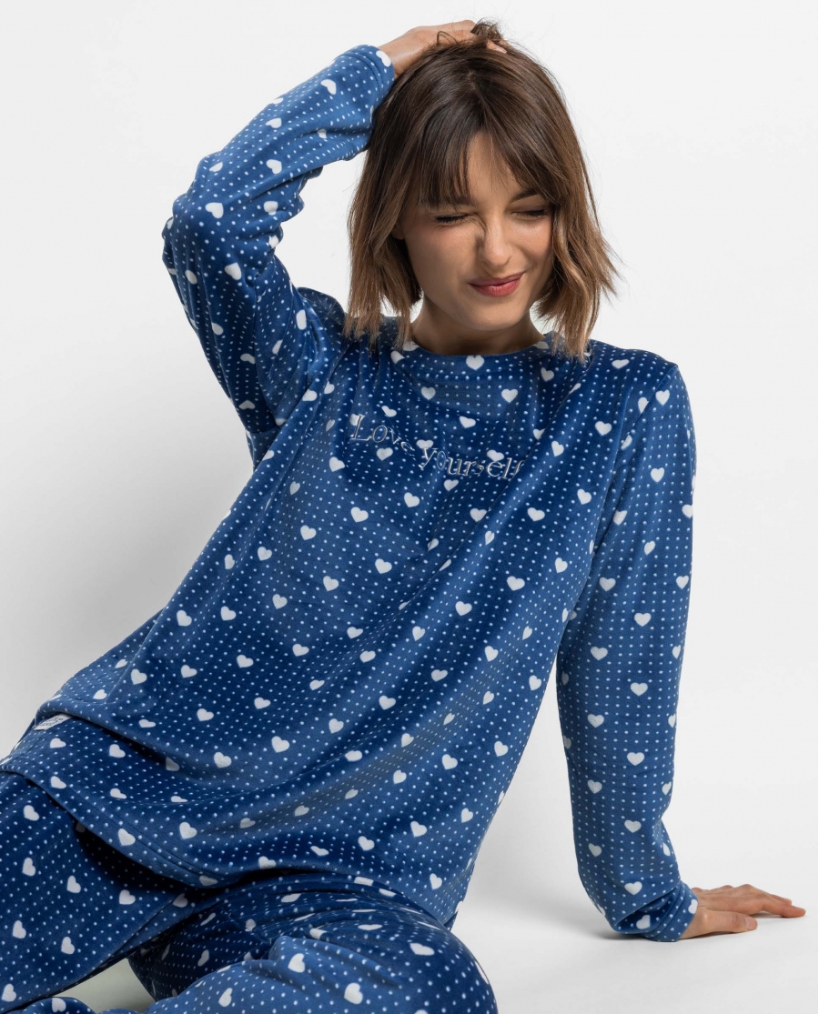 ADMAS Pijama Manga Larga Velvet Love Yourself para Mujer AZUL