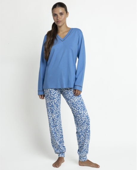 ADMAS GARDEN Pijama Manga Larga Garden Leaves para Mujer AZUL