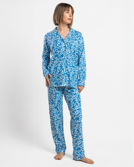 ADMAS GARDEN Pijama Abierto Manga Larga Garden Leaves para Mujer AZUL