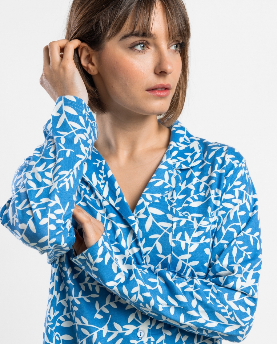ADMAS GARDEN Pijama Abierto Manga Larga Garden Leaves para Mujer AZUL